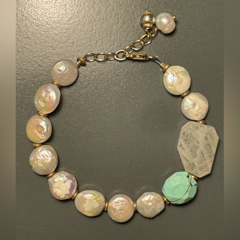 Elegant Fresh Water Coin Pearl, Turquoise and Moonstone Bracelet